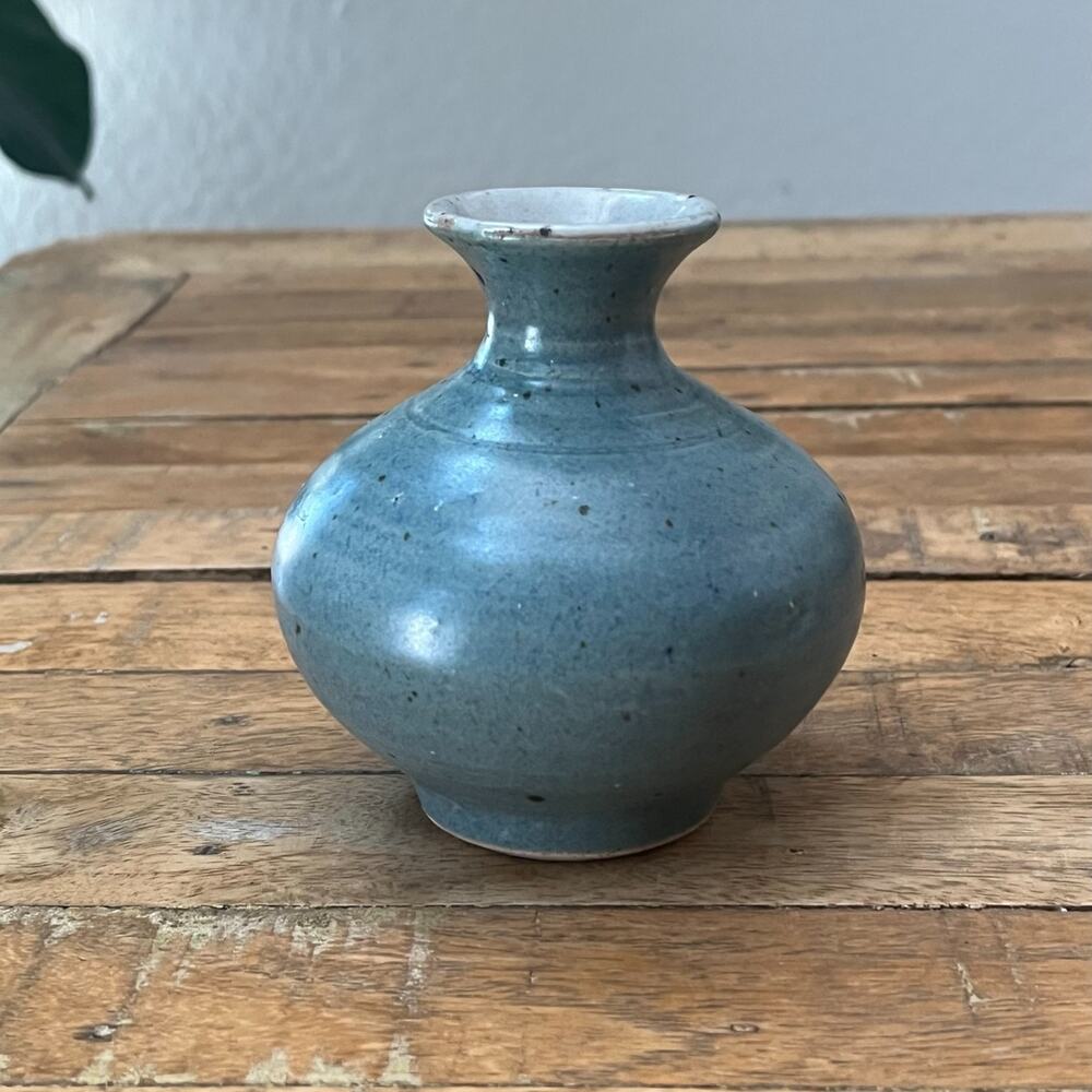 Art Studio Stoneware Bottle Vase 4.5" Tall Narrow Neck Speckled Blue Glaze